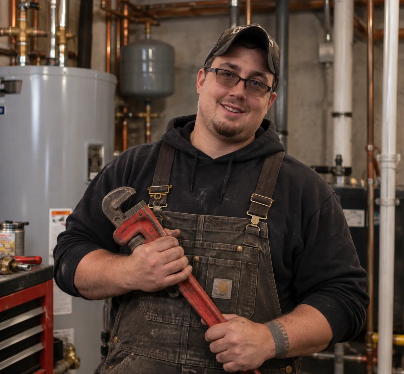 Dylan Young holding a pipe wrench in a mechanical room